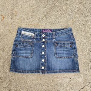 Vtg Y2k VANILLA STAR Star Patch Zip Pocket Cyber Grunge Denim Mini Skirt Sz 1